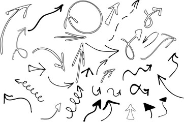 Simple set black hand drawn curvy and wavy vector arrows Isolated on white background Doodle illustration Sketch arrow design for business plan and education Direction symbols