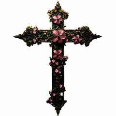 A digital artwork featuring a cross with pink flowers, gold accents, and green trim against a dark background in digital art style.