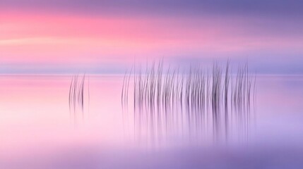 Serene pastel sunrise over calm lake with blurred reeds reflecting in water.