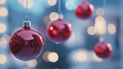 Fototapeta premium Bright red ornaments dangle gracefully in a cozy indoor setting, surrounded by sparkling holiday lights that create a joyful atmosphere for celebrations