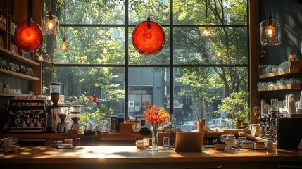 Cozy cafe interior with window view of city street in morning sunlight.