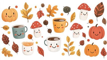 Autumn harvest mugs, pumpkins, mushrooms, leaves; white background; fall design