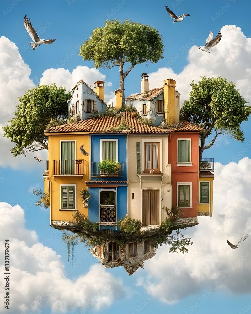 Poster a whimsical floating house surrounded by trees and clouds, showcasing imaginative architecture.