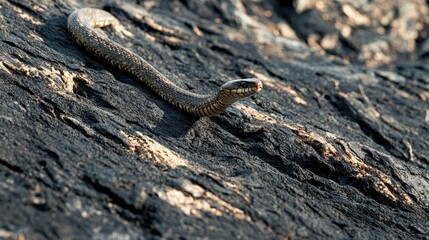 Obraz premium A snake slithering over blackened ground, demonstrating how wildlife adapts to post-forest fire environments.