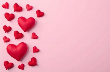 Red hearts are laid out on a delicate pink background on the left side, on the right side there is a place for text, a place for congratulations, a place for advertising
