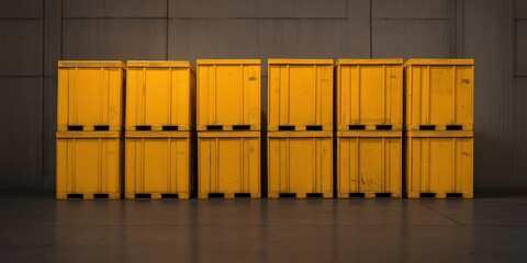 A collection of bright yellow crates stands neatly arranged in an industrial warehouse, showcasing a blend of functionality and aesthetic appeal in a modern working environment.