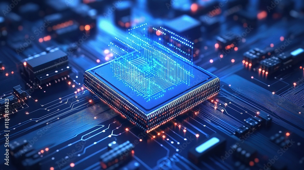 Poster futuristic quantum computer chip with circuit design and blue light
