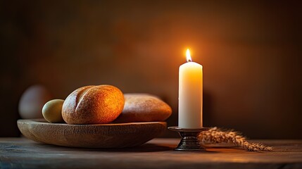 Lit candle beside bread and eggs in wooden bowl on rustic table.