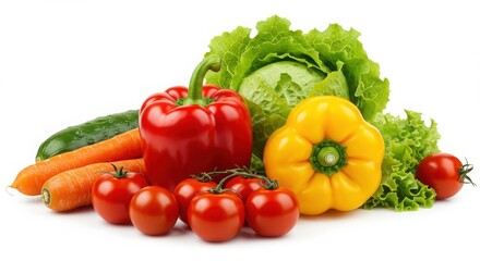 Vibrant Vegetable Arrangement with Bell Peppers Lettuce and Tomatoes on White Background