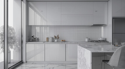 Modern kitchen splashback mockup. Kitchen furniture and empty, transparent backwall ready to insert picture, print. Minimalist design. Back wall mock up, template. Countertop and upper cabinets. 3D.