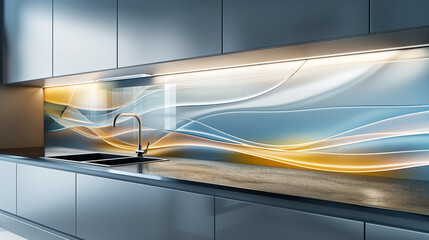 Modern kitchen splashback mockup. Kitchen furniture and empty, transparent backwall ready to insert picture, print. Minimalist design. Back wall mock up, template. Countertop and upper cabinets. 3D.