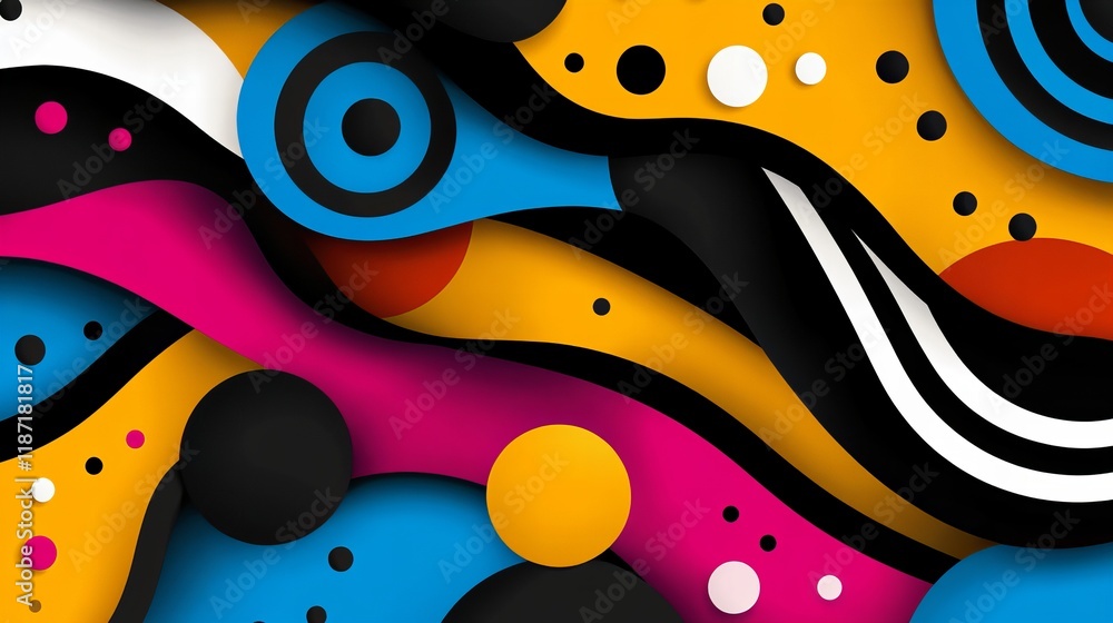 Poster vibrant abstract art featuring bold colors and dynamic shapes. a captivating blend of curves and cir