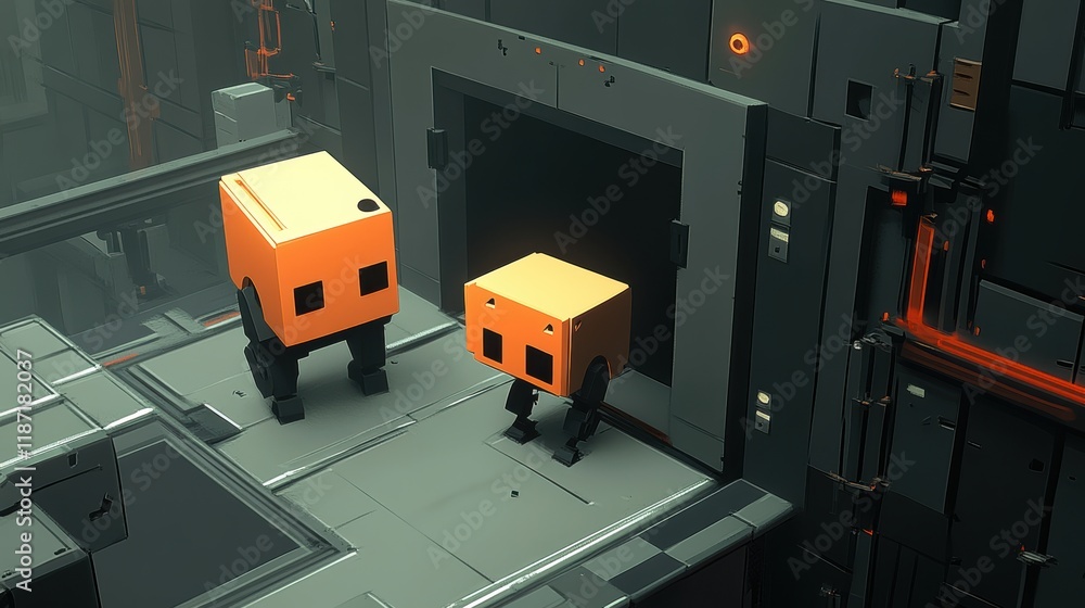 Poster futuristic robots exploring industrial sci-fi environment with metallic structures