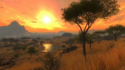 Breathtaking sunset over peaceful savanna africa landscape natural beauty panoramic view tranquility