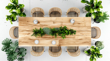 Overhead view of dining set with a wooden table, chairs and decorative plant. Rectangular table on transparent background, PNG. Cut out furniture. Top view. Flat lay, floor plan elements. 3D rendering