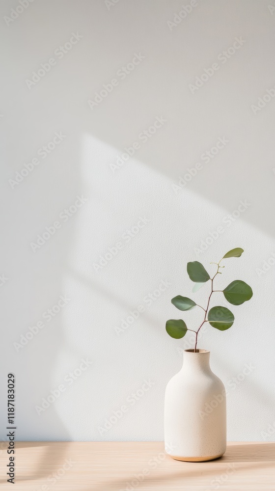 Poster sunlight streaming through window creates beautiful shadows on white wall behind eucalyptus leaves i