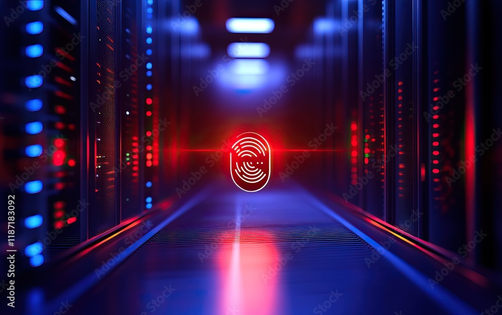 Aufkleber a glowing fingerprint symbol illuminated in a high-tech server room, showcasing themes of security a