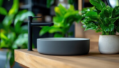 A stylish gray sink with a modern faucet sits on a wooden counter, complemented by lush green plants in the background.