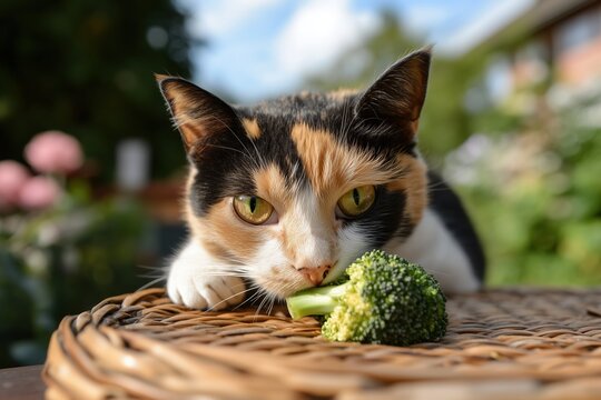 Close-up of a calico cat enjoying a piece of broccoli in a sunny garden setting - Powered by Adobe