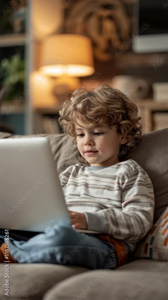 Poster a young boy is sitting on a couch and using a laptop. he is smiling and he is enjoying himself