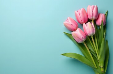 Fototapeta premium On a pale blue background on the right side there are delicate pink tulips, on the left side there is a place for text, congratulations, advertising