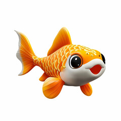 A vibrant, 3D-rendered koi fish in cartoon style, featuring a white belly, orange body with gold spots, and large, curious eyes, on a black background, looking for food.