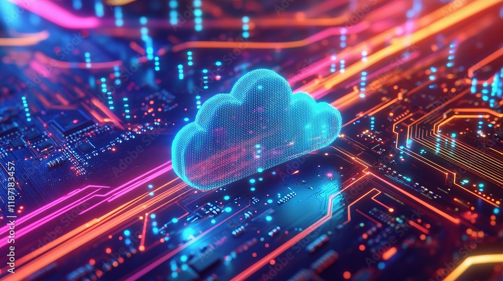 Poster futuristic cloud data storage concept with vibrant circuit lines