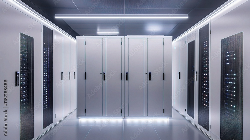 Poster sleek modern data center environment with network servers and lines