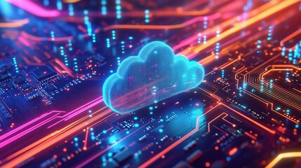 Obraz premium Futuristic Cloud Data Storage Concept with Vibrant Circuit Lines