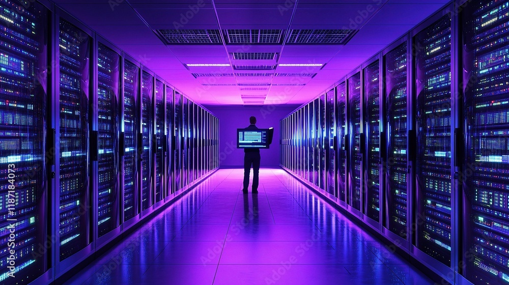 Poster network engineer monitoring multiple screens in high-tech server room