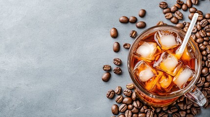 Fototapeta premium A refreshing glass of iced coffee with ice cubes, surrounded by roasted coffee beans on a stone countertop.