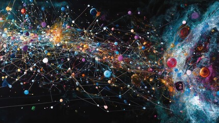 Cosmic Network: A vibrant abstract artwork depicting a sprawling network of interconnected nodes, resembling a celestial constellation or neural network.