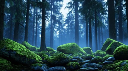 Mystical Mossy Forest Scene - Enchanting forest path, moss-covered boulders, ancient trees, ethereal mist, serene nature. Symbolizing mystery, tranquility, nature's wisdom, hidden pathways, and timele