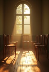 Fototapeta premium A serene sunlit room with wooden chairs arranged in a circle.