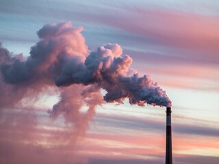 Industrial chimney emits a large cloud of smoke.