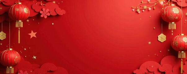 Golden lanterns, red paper cutouts, and auspicious symbols on a traditional Chinese New Year festival backdrop , red paper cutouts, chinese new year
