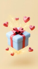 A vibrant, floating gift box surrounded by hearts, perfect for celebrations.