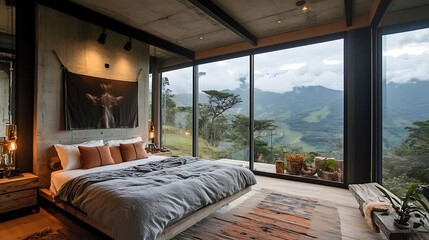 Modern bedroom with industrial-inspired decor and large panoramic windows 