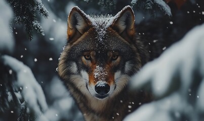 Fototapeta premium Wolf in snowy forest, looking directly at viewer, wildlife portrait, possible use for nature, animal, or winter themed publications