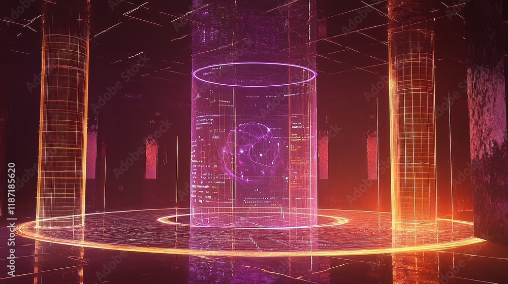 Poster futuristic data visualization with holographic elements and scale