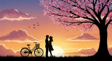 Fototapeta premium Silhouette of Couple Under Pink Blossom Tree at Sunset with Birds and Bicycle Nearby, Silhouette of Couple Under Pink Blossom Tree at Sunset with Birds and Bicycle Nearby