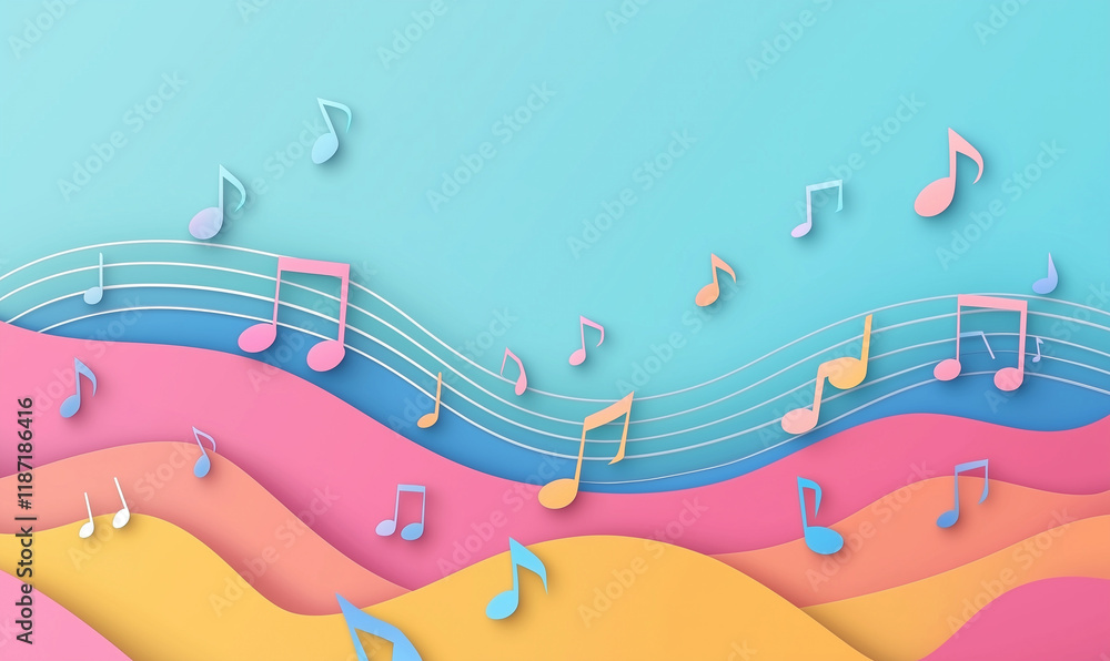 Poster colorful paper music notes flow over a vibrant wave background, creating a playful and artistic repr