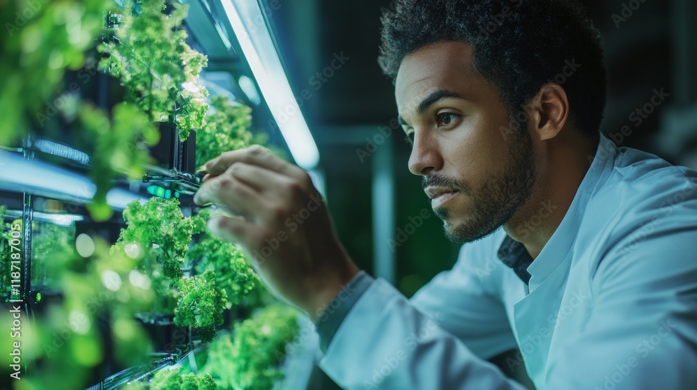 Poster innovative greenhouse engineering focused engineer adjusting smart controls on eco-friendly system