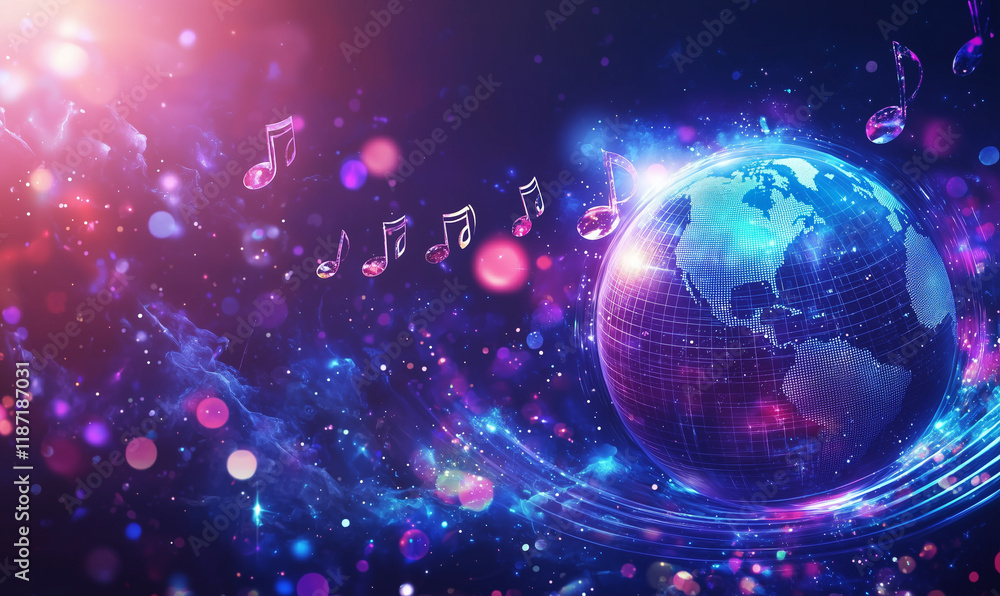 Poster vibrant digital globe surrounded by colorful particles, representing a futuristic and interconnected