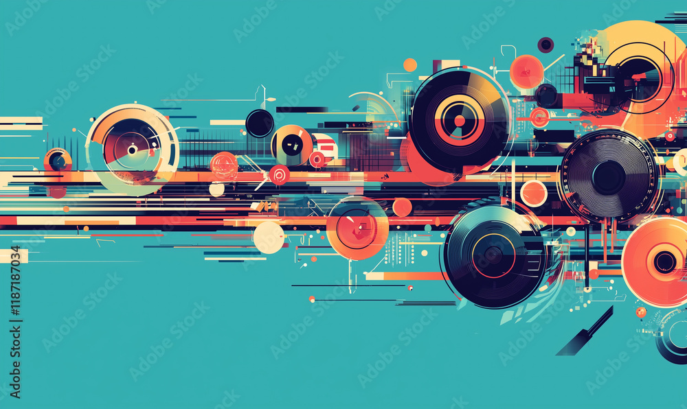 Poster vibrant abstract design featuring colorful circles and dynamic lines against a teal background.