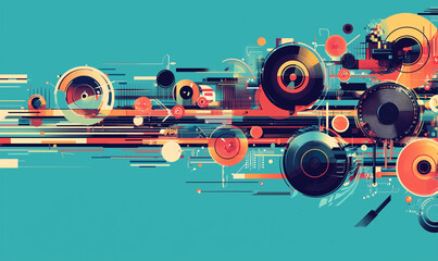 Obraz premium Vibrant abstract design featuring colorful circles and dynamic lines against a teal background.