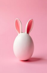Fototapeta premium an Easter egg. A pink egg with small pink ears is depicted on a pink background. Vertical photo, place for text, place for advertising