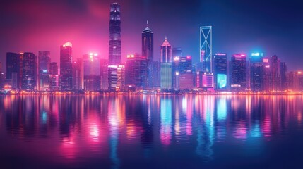 Fototapeta premium Neon Cityscape Reflection: A Vibrant Night in Hong Kong
