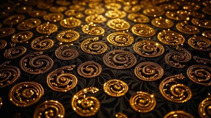 Luxury gold filigree pattern on a dark background. Elegant swirls and spirals create a rich, opulent design perfect for invitations, wallpapers, and luxury branding