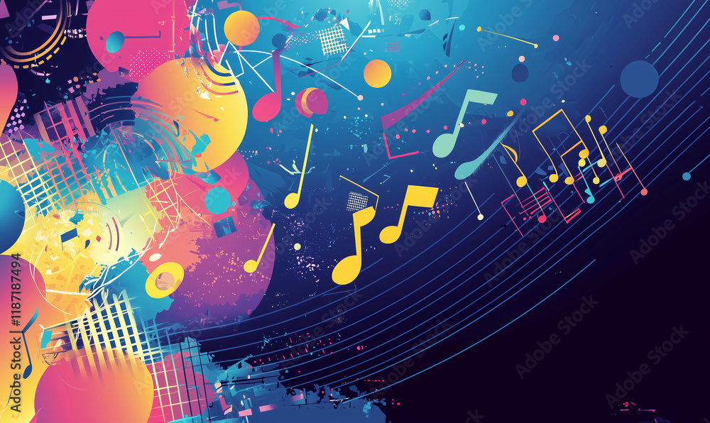 Poster colorful abstract music composition with notes and vibrant shapes creating a lively atmosphere.